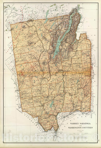 Historic Map : State Atlas Map, Warren, Saratoga, Washington counties. 1895 - Vintage Wall Art