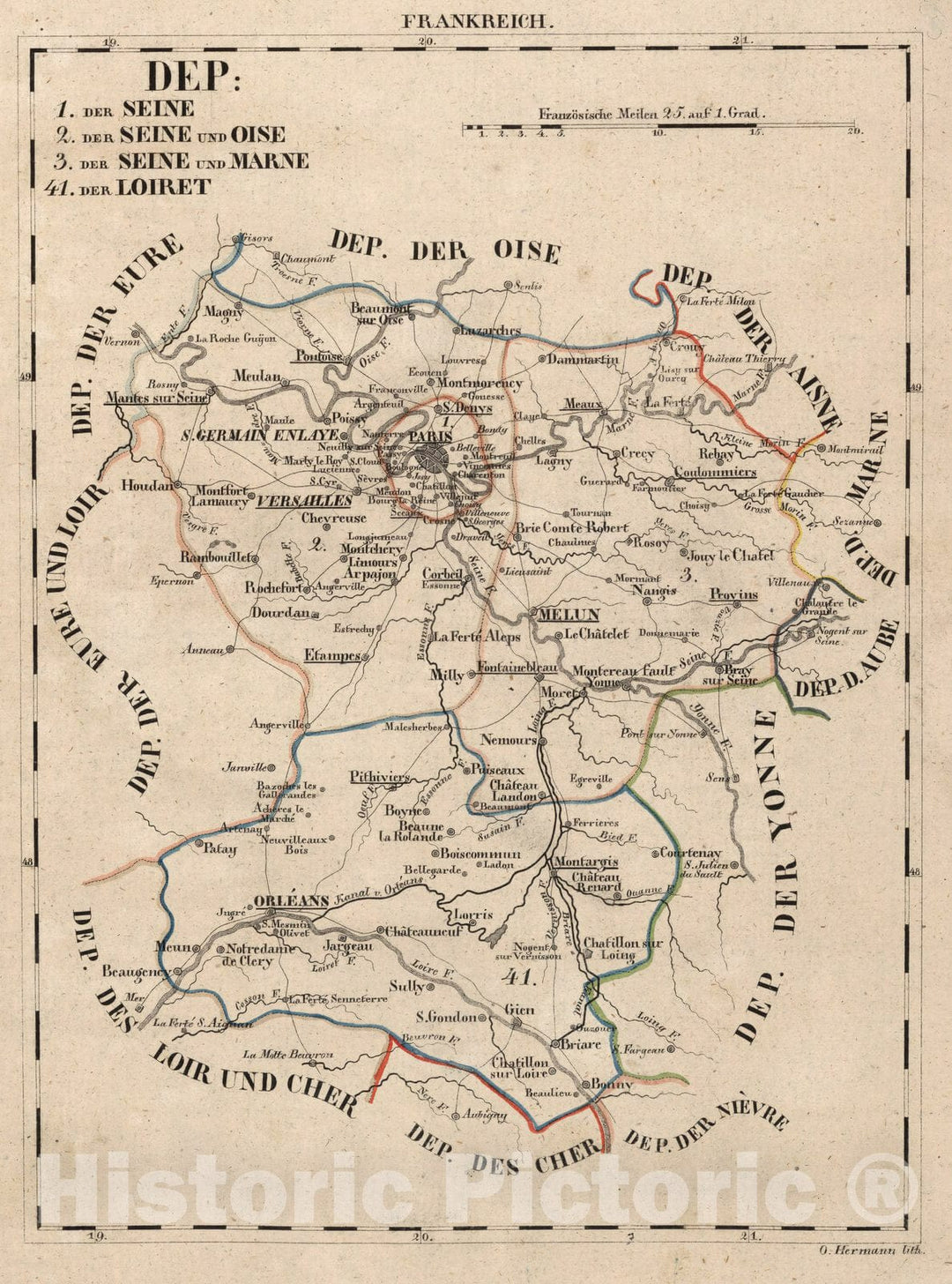 Historic Map : France, V.1:1-5: I: Frankreich. DEP: 1. Der Seine. 2. Der Seine und Oise. 3. Der Seine und marne. 41. Der Loiret 1825 , Vintage Wall Art