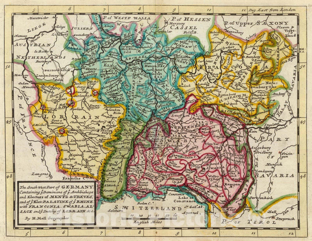 Historic Map : World Atlas Map, The south west part of Germany. 1736 - Vintage Wall Art