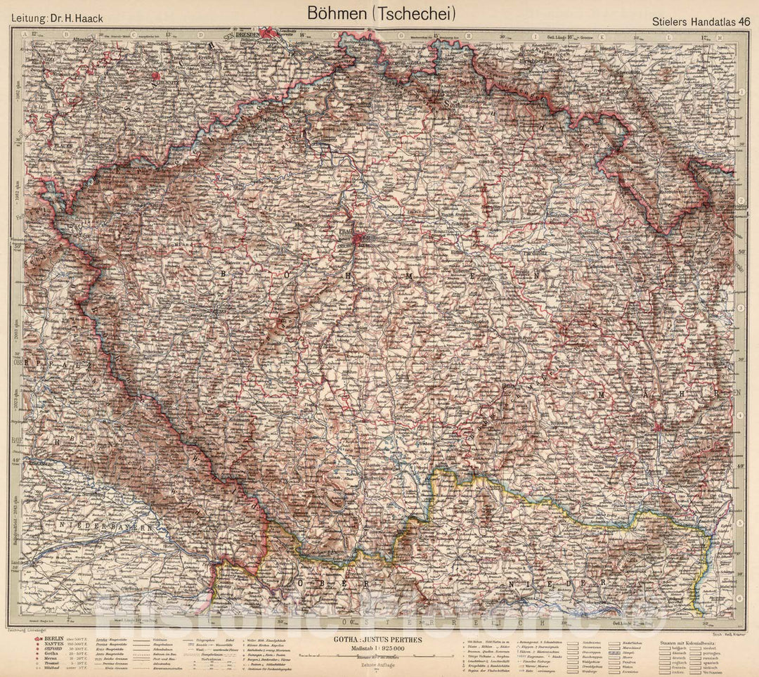 Historic Map : Czech Republic, Bohemia46. Bohmen (Tschechei). Bohemia. 1925 , Vintage Wall Art