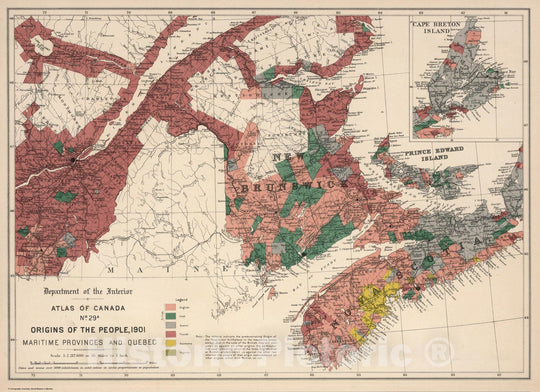 Historic Map : No. 29 A, Origins of the people, 1901 ; Maritime Provinces and Quebec 1906 - Vintage Wall Art