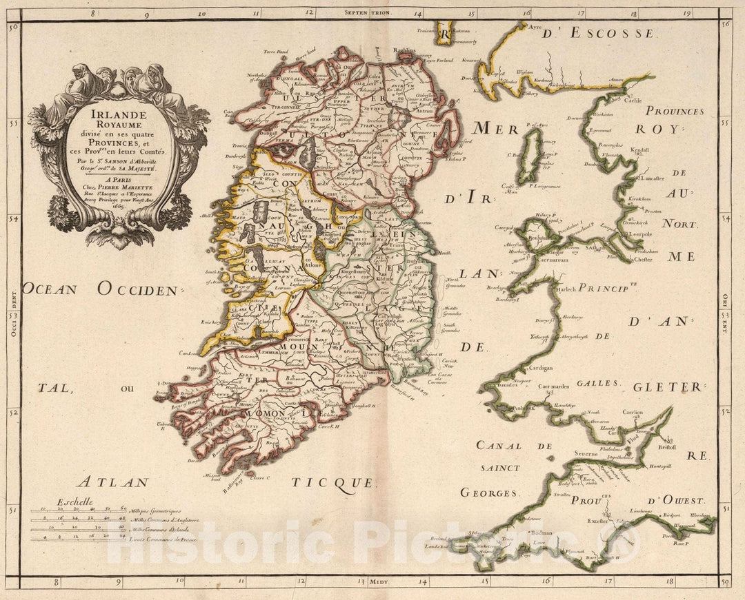 Historic Map : World Atlas Map, Ireland Kingdom. 1665 - Vintage Wall Art