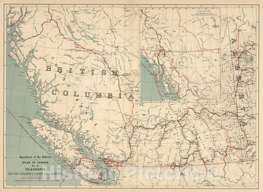 Historic Map : No.13, Telegraphs : British Columbia, Yukon and Alberta 1906 - Vintage Wall Art