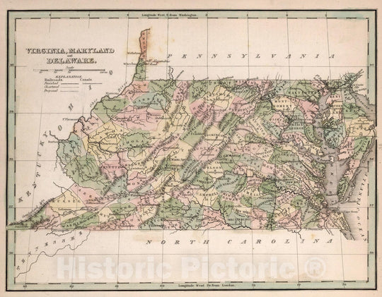 Historic Map : World Atlas Map, Virginia, Maryland and Delaware 1838 - Vintage Wall Art