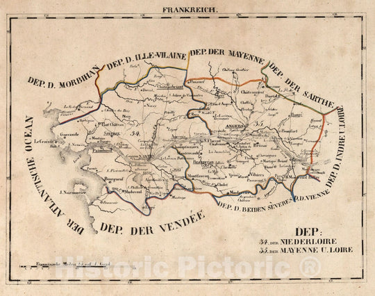 Historic Map : France, National Atlas Map, V.1:1-5: I: Frankreich. DEP: 34. Der Niederloire. 35. Der Mayenne u. Loire 1825 , Vintage Wall Art