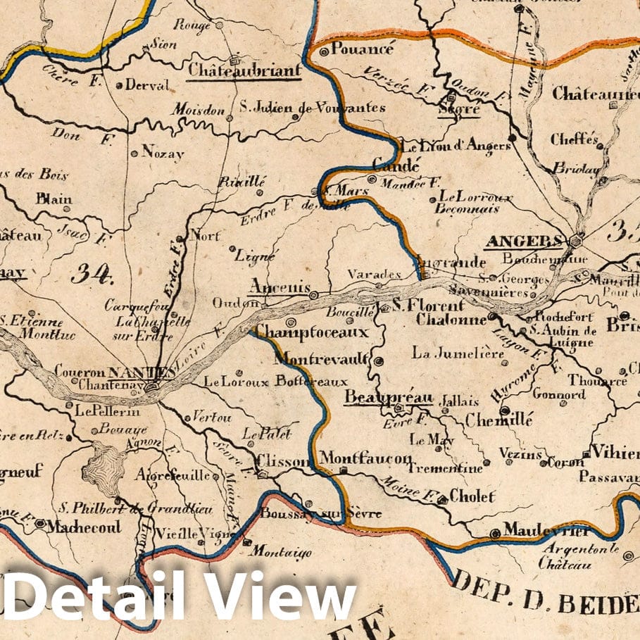 Historic Map : France, National Atlas Map, V.1:1-5: I: Frankreich. DEP: 34. Der Niederloire. 35. Der Mayenne u. Loire 1825 , Vintage Wall Art