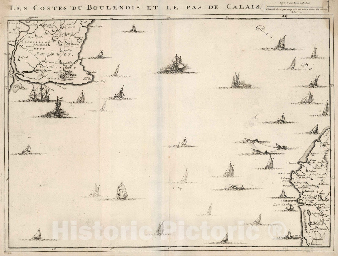 Historic Map : England,7. Les Costes du Boulenois, et le Pas de Calais. 1709. 1709 , Vintage Wall Art