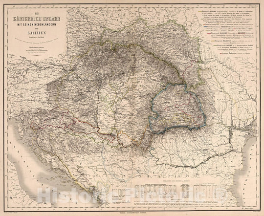 Historic Map : Hungary, Balkan PeninsulaDas Konigreich Ungarn mit seinen Nebenl?dern und Galizien 1866 , Vintage Wall Art