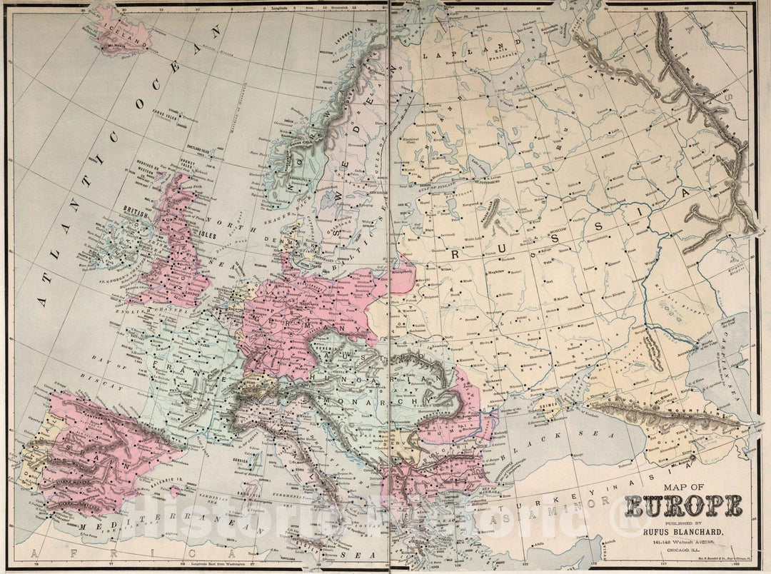 Historic Map : Map of Europe. Published by Rufus Blanchard, 1896 - Vintage Wall Art