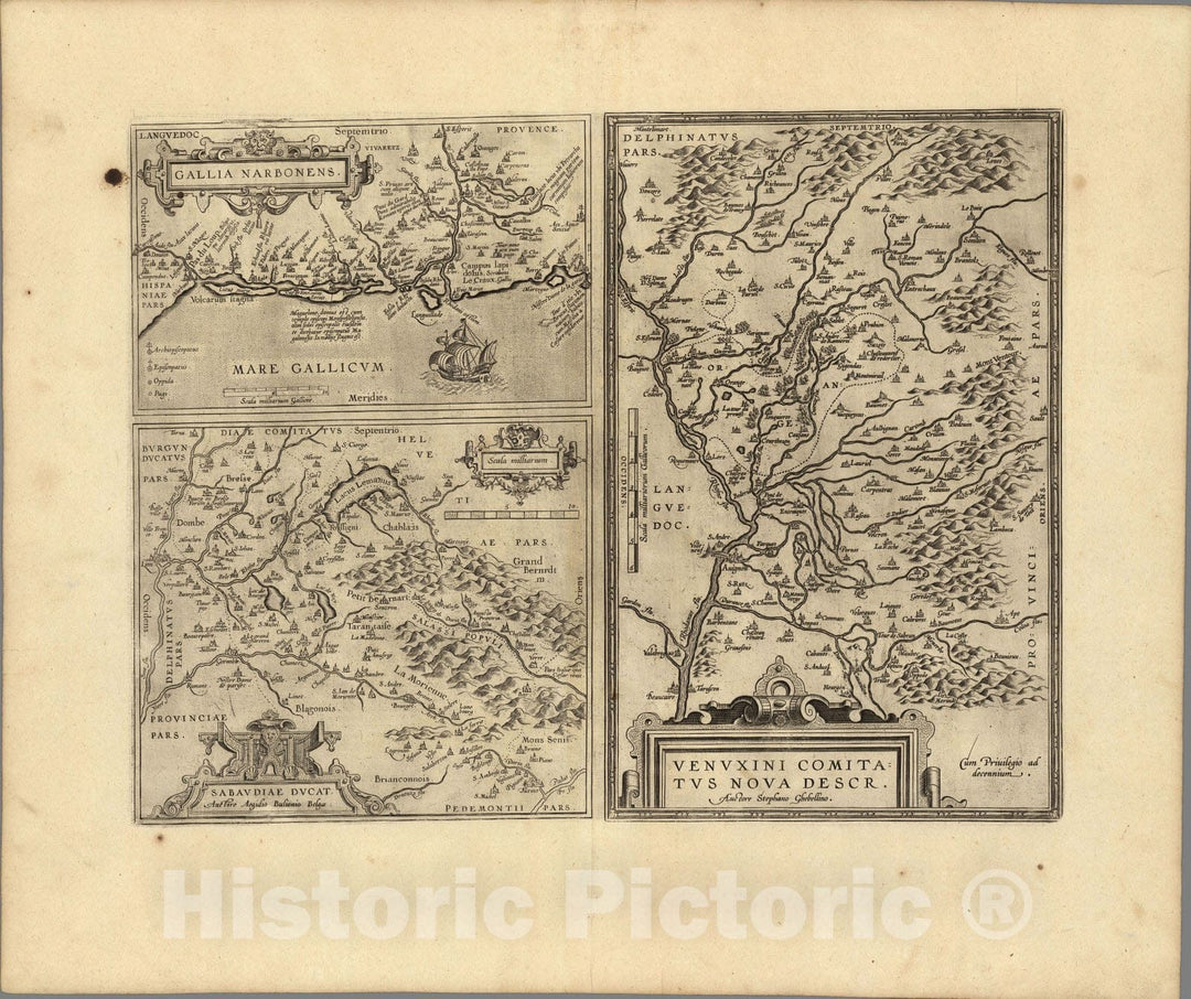 Historic Map : France, Lake Geneva, Switzerland(35) Narbonens (with) Sabaudiae (with) Venuxini. 1608 , Vintage Wall Art