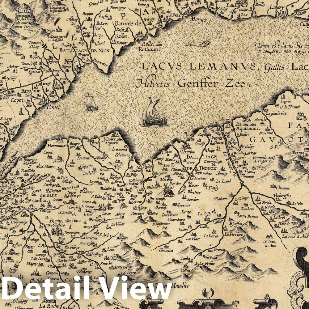 Historic Map : France, Lake Geneva, Switzerland(39) Lacus Lemani. 1608 , Vintage Wall Art