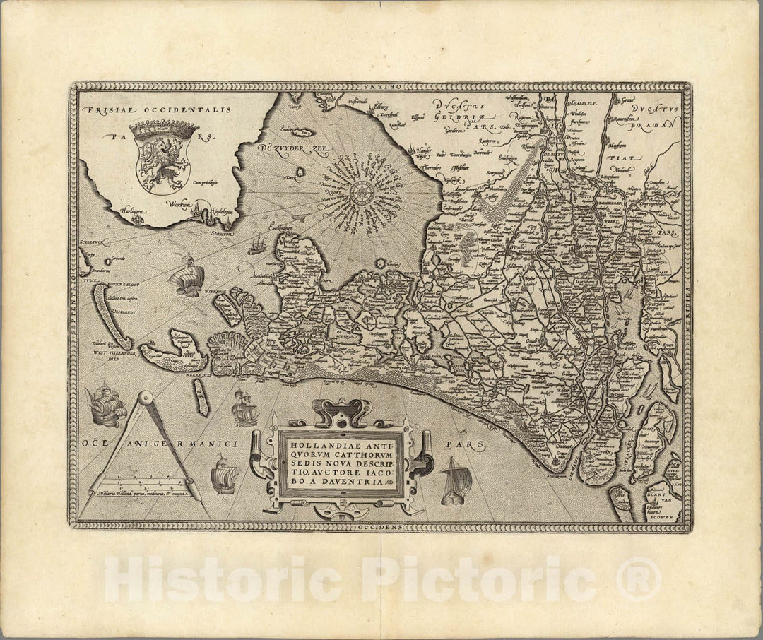 Historic Map : Netherlands,(52) Hollandiae. 1608 , Vintage Wall Art