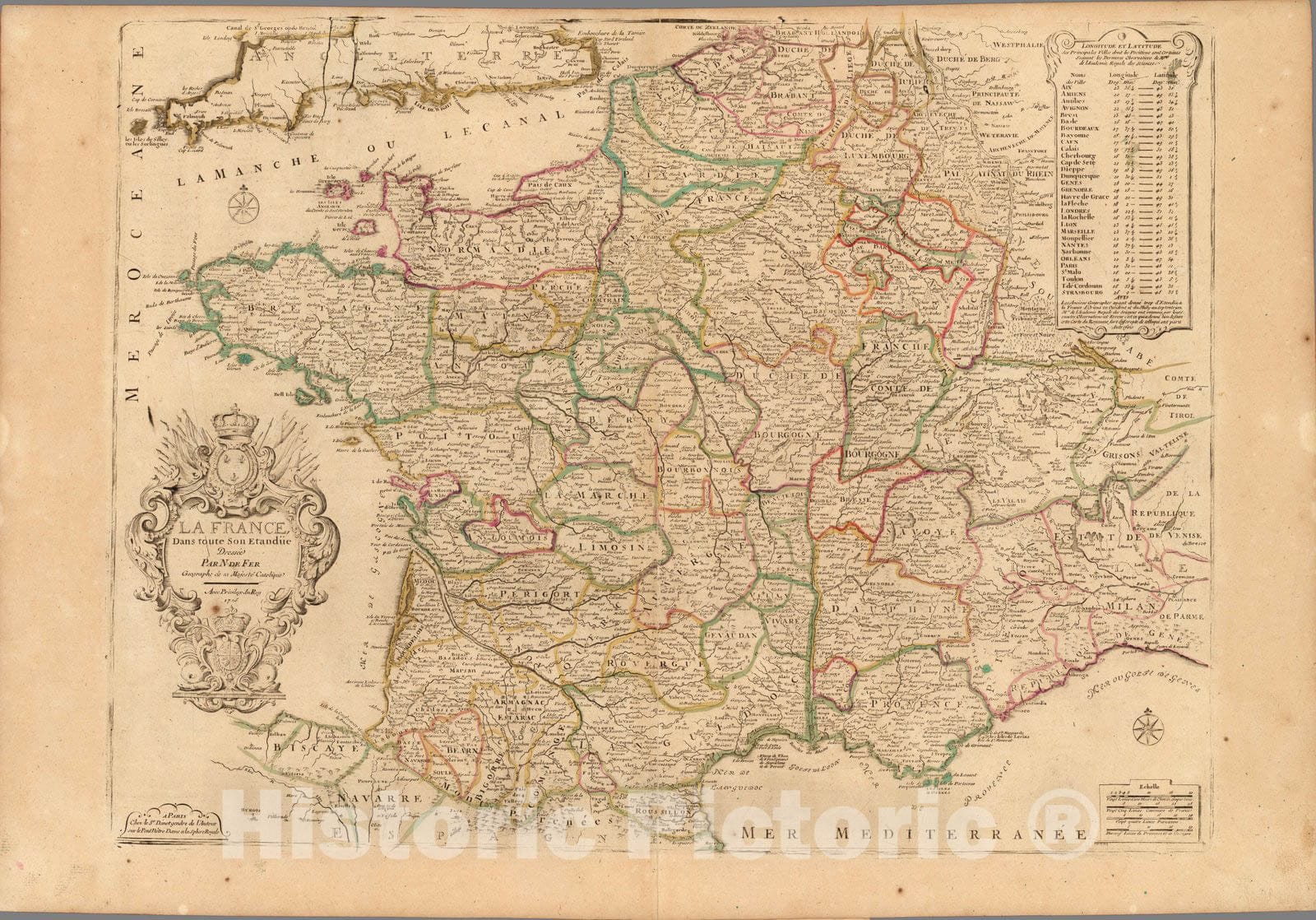 Historic Map : France,La France, Dans toute Son Etandue 1725 , Vintage Wall Art