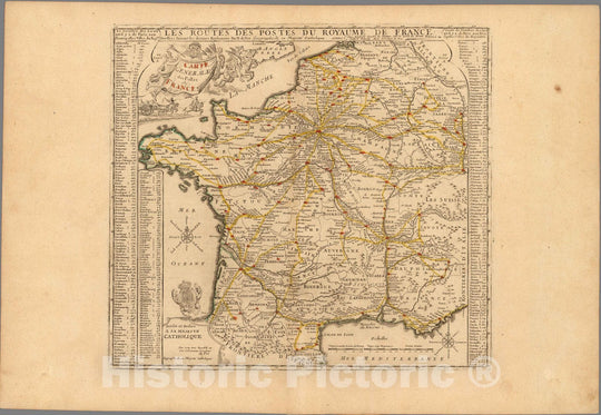 Historic Map : France,Carte General des Postes de France. 1728 , Vintage Wall Art