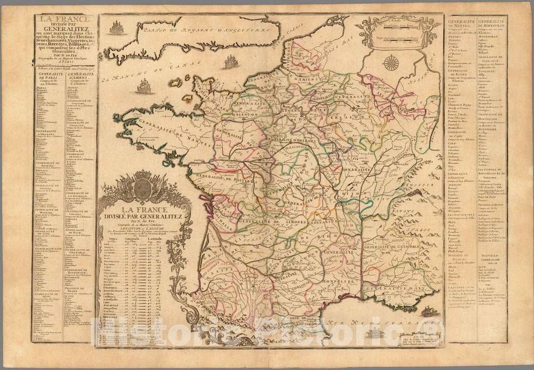 Historic Map : France,La France Divisee Par Generalitez. 1723 , Vintage Wall Art