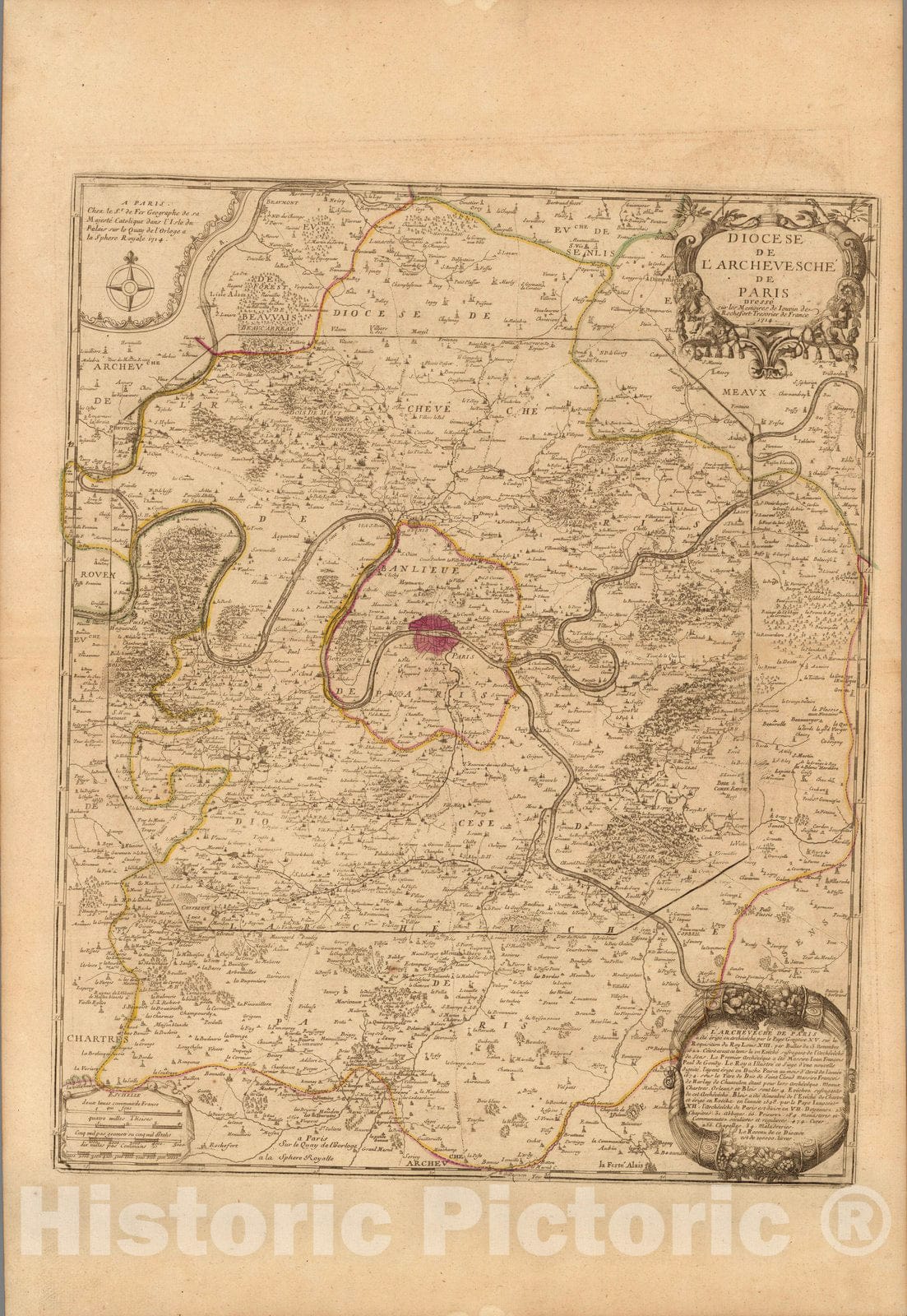 Historic Map : Paris , France, Region FranceDiocese De L'Archevesche De Paris. 1714 , Vintage Wall Art