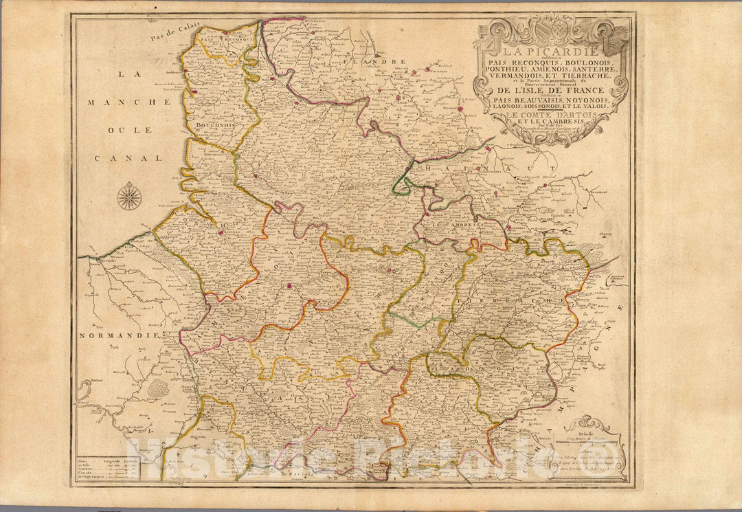 Historic Map : France, Picardie, FranceLa Picardie subdivisee en Pais Reconquis, Boulonois, 1719 , Vintage Wall Art