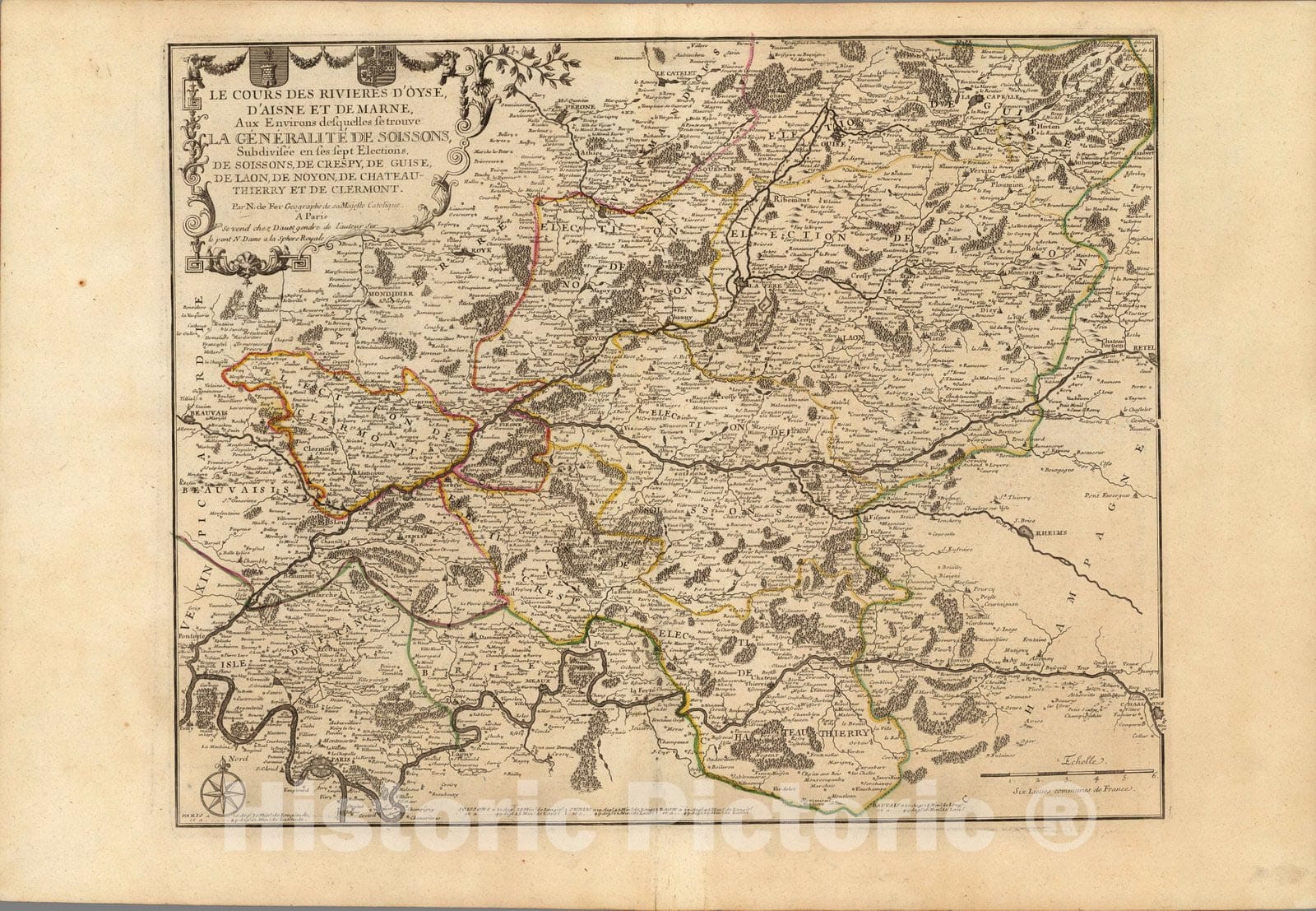 Historic Map : France, Soissons Region, FranceLe Cours Des Rivieres D'Oyse, D'Aisne et De Marne. 1713 , Vintage Wall Art