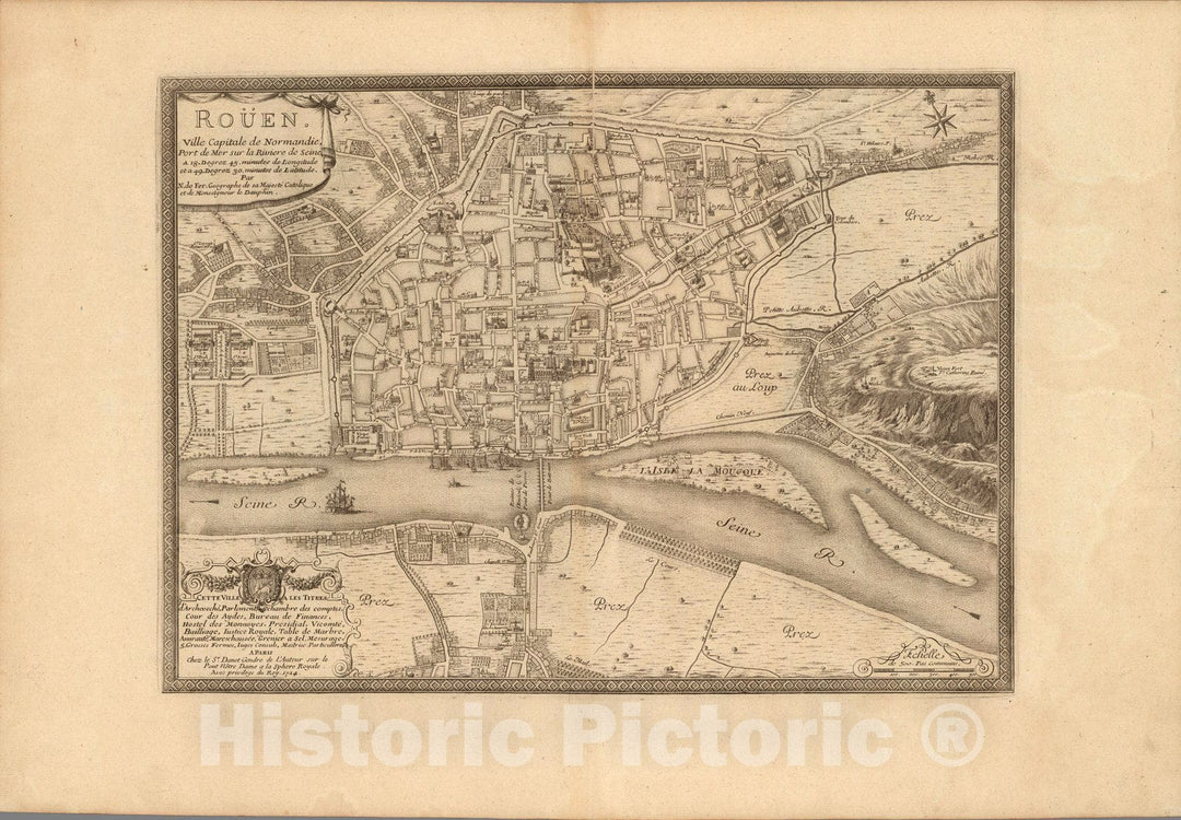 Historic Map : France , Rouen France,Rouen. Ville Capitale de Normandie 1724 , Vintage Wall Art