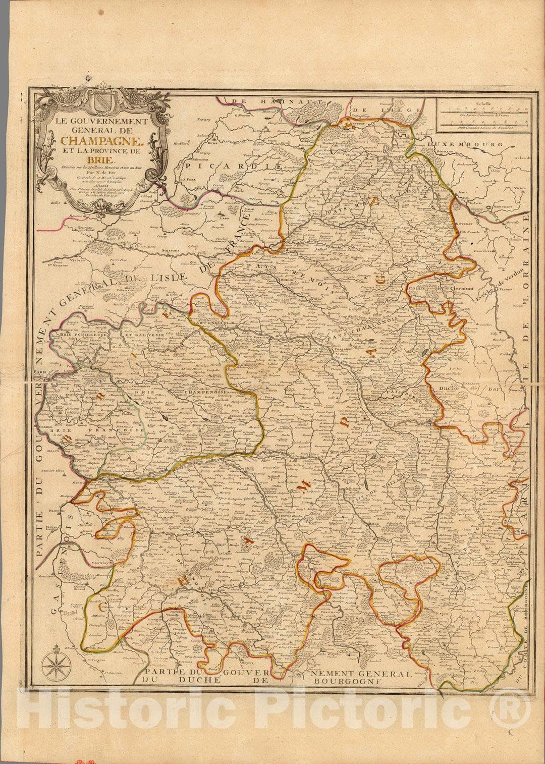 Historic Map : France, Champagne Region, , FranceLe Gouvernment General De Champagne, et la Province De Brie. 1710 , Vintage Wall Art