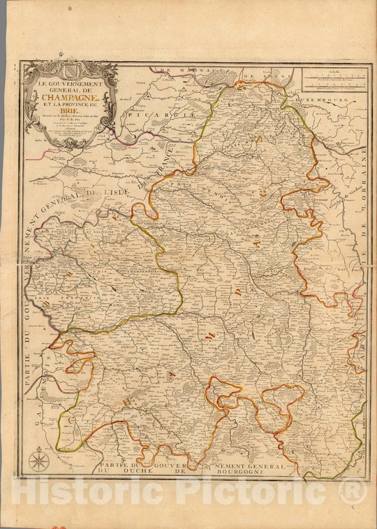 Historic Map : France, Champagne Region, , FranceLe Gouvernment General De Champagne, et la Province De Brie. 1710 , Vintage Wall Art