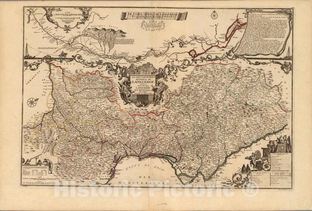 Historic Map : France,Le Gouvernement General De Languedoc. (Inset: Le Canal Royal De Languedoc.) 1712 , Vintage Wall Art