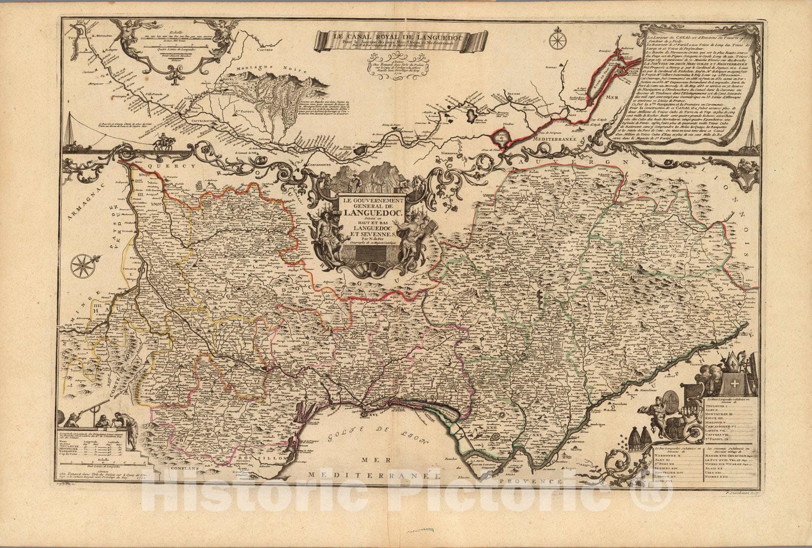 Historic Map : France,Le Gouvernement General De Languedoc. (Inset: Le Canal Royal De Languedoc.) 1712 , Vintage Wall Art