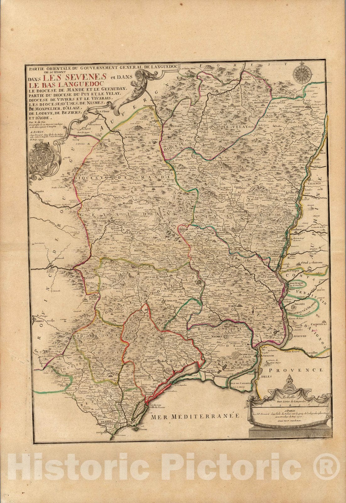 Historic Map : France,Parie Orientale Du Gouvernement General De Languedoc 1703 , Vintage Wall Art