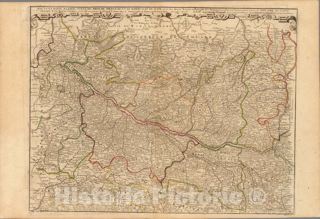 Historic Map : France,Haute et Basse Alsace, Suntgaw, Brisgaw, Ortenaw, et le Marguisat de Bade 1705 , Vintage Wall Art