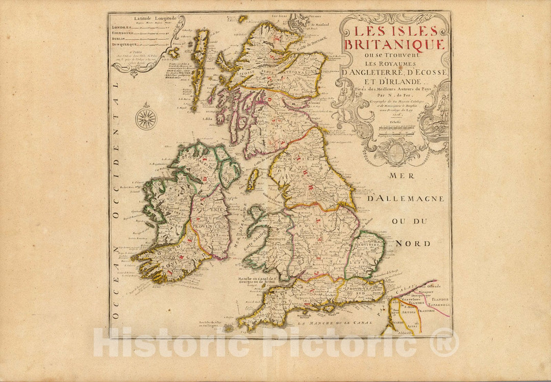 Historic Wall Map : England,Les Isles Britanique 1706 , Vintage Wall Art