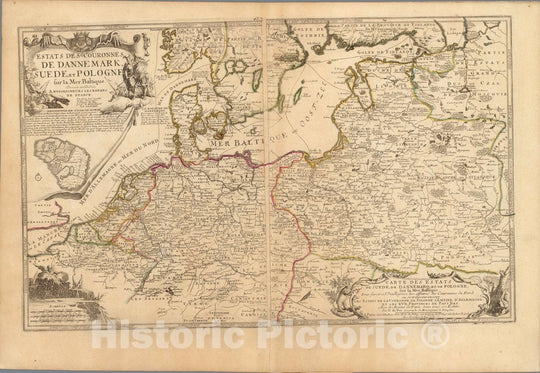 Historic Map : Denmark,Estats Des Couronnes De Dannemark, Suede et Pologne sur la Mer Baltique. 1705 , Vintage Wall Art