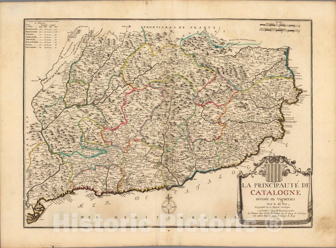 Historic Map : Spain, Catalonia, SpainLe Principaute de Catalogne : divisee en vigueries 1714 , Vintage Wall Art