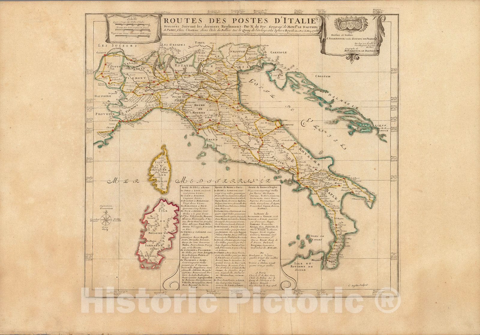 Historic Map : Italy,Routes des postes d'Italie 1705 , Vintage Wall Art