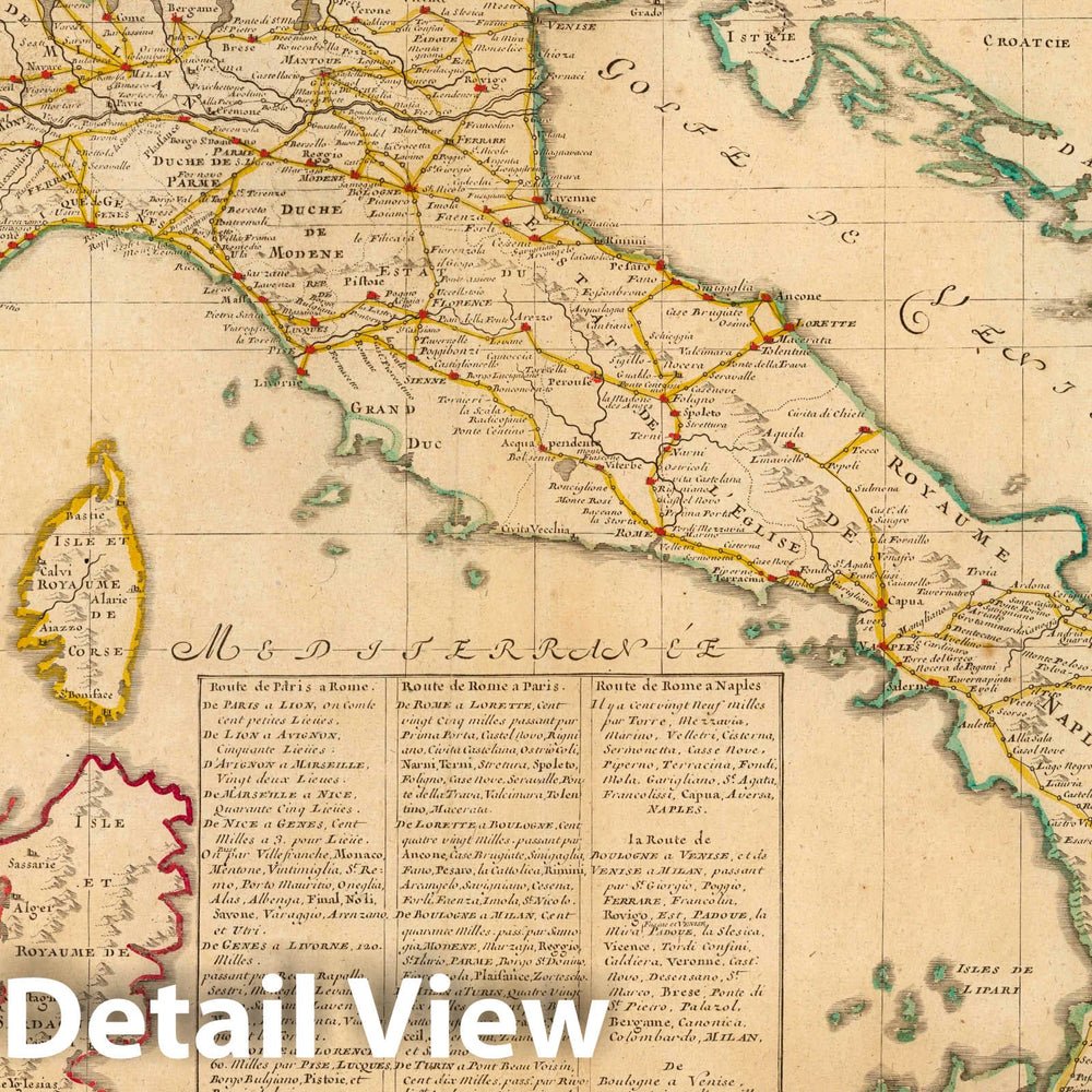 Historic Map : Italy,Routes des postes d'Italie 1705 , Vintage Wall Art