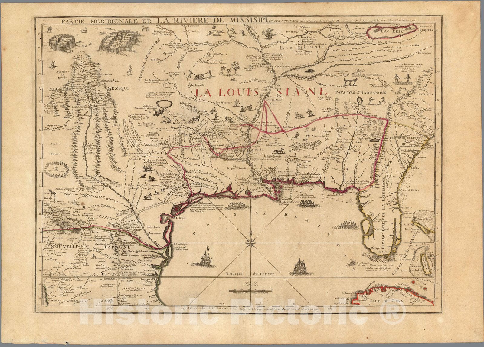 Historic Map : United States, Mississippi RiverPartie meridionale de la Riviere de Missisipi. 1718 , Vintage Wall Art