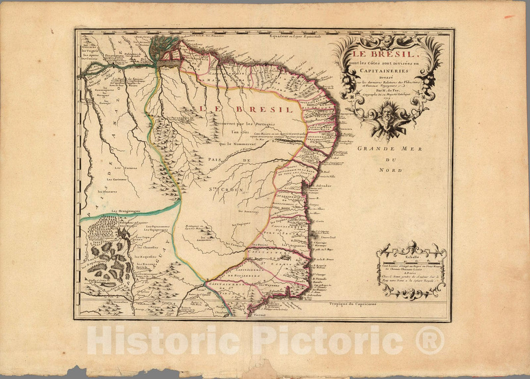 Historic Map : Brazil,Le Bresil dont les cotes sont divisees en capitaineries. 1719 , Vintage Wall Art