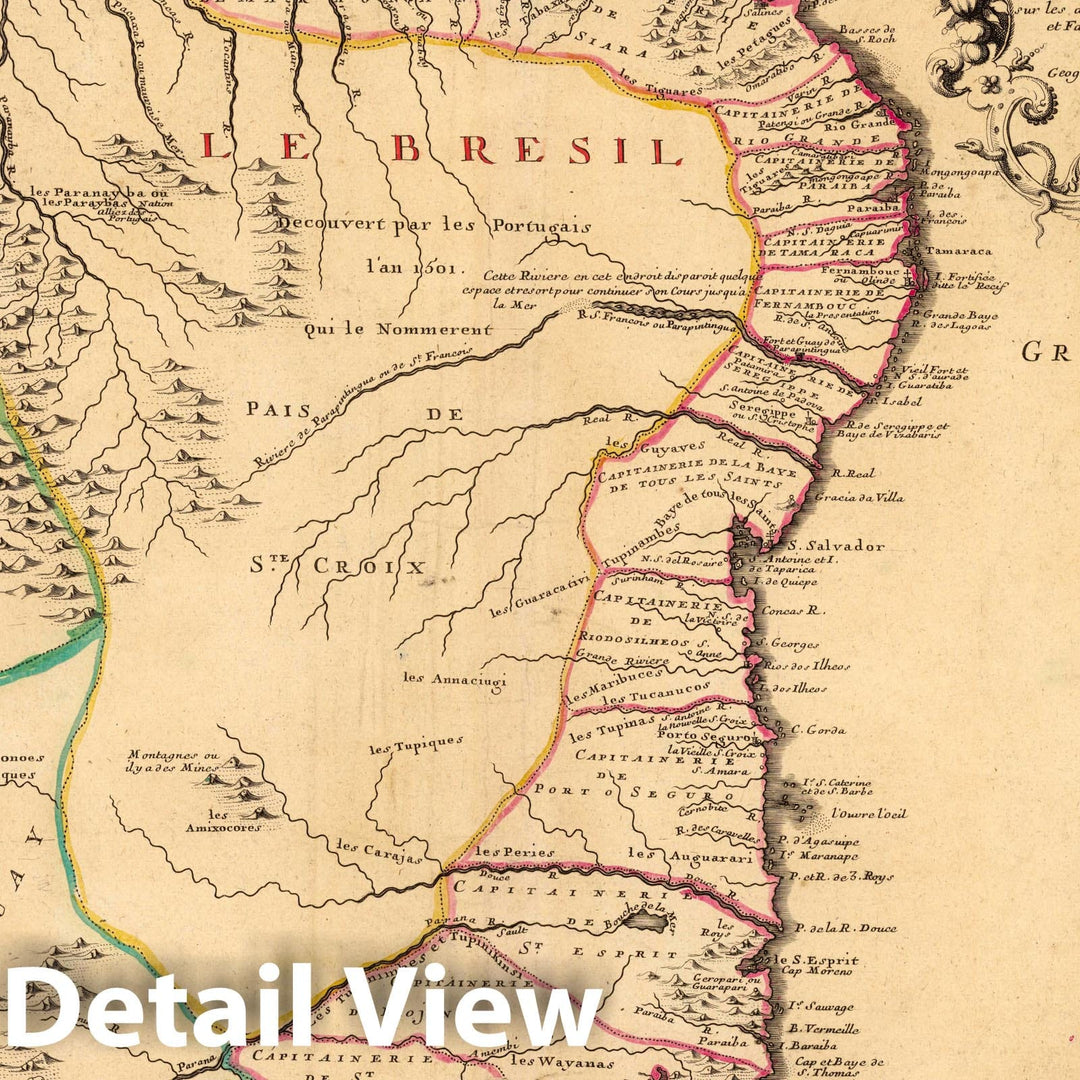 Historic Map : Brazil,Le Bresil dont les cotes sont divisees en capitaineries. 1719 , Vintage Wall Art