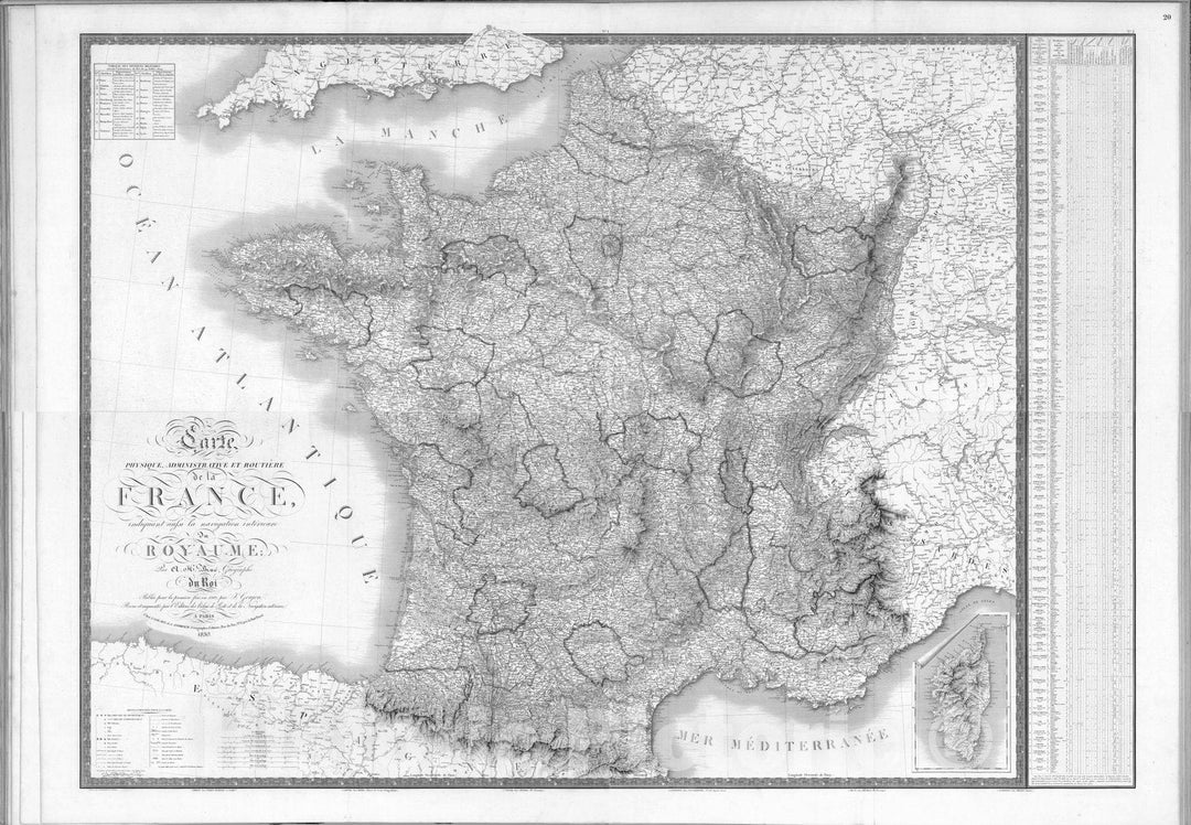 Historic Map : France,Composite: Carte physique, administrative et routiere de la France 1830 , Vintage Wall Art