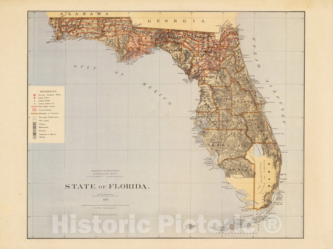 Historic Map : State of Florida 1876 - Vintage Wall Art