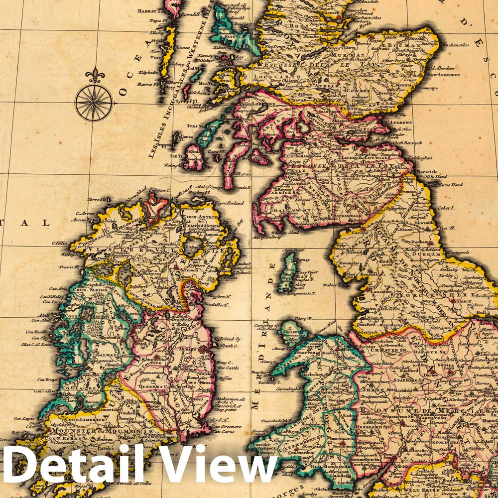 Historic Map : England, British IslesLes Isles Britanniques d'Angleterre, Escosse, et Irlande. 1708 , Vintage Wall Art