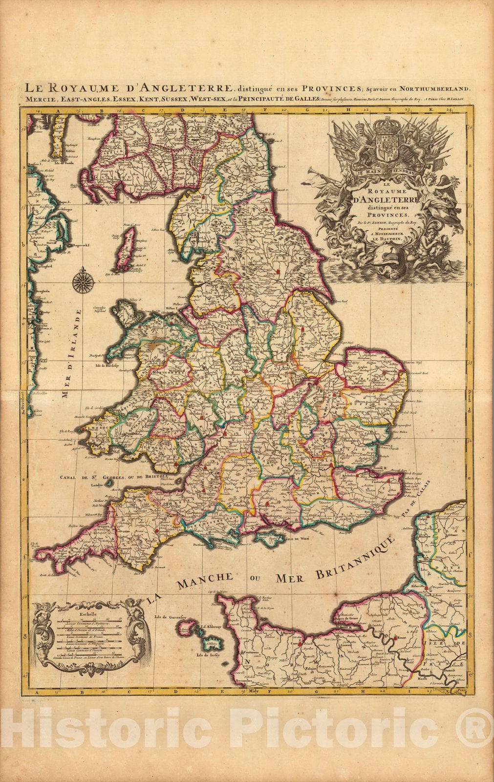 Historic Map : England,Le Royaume D'Angleterre. 1708 , Vintage Wall Art