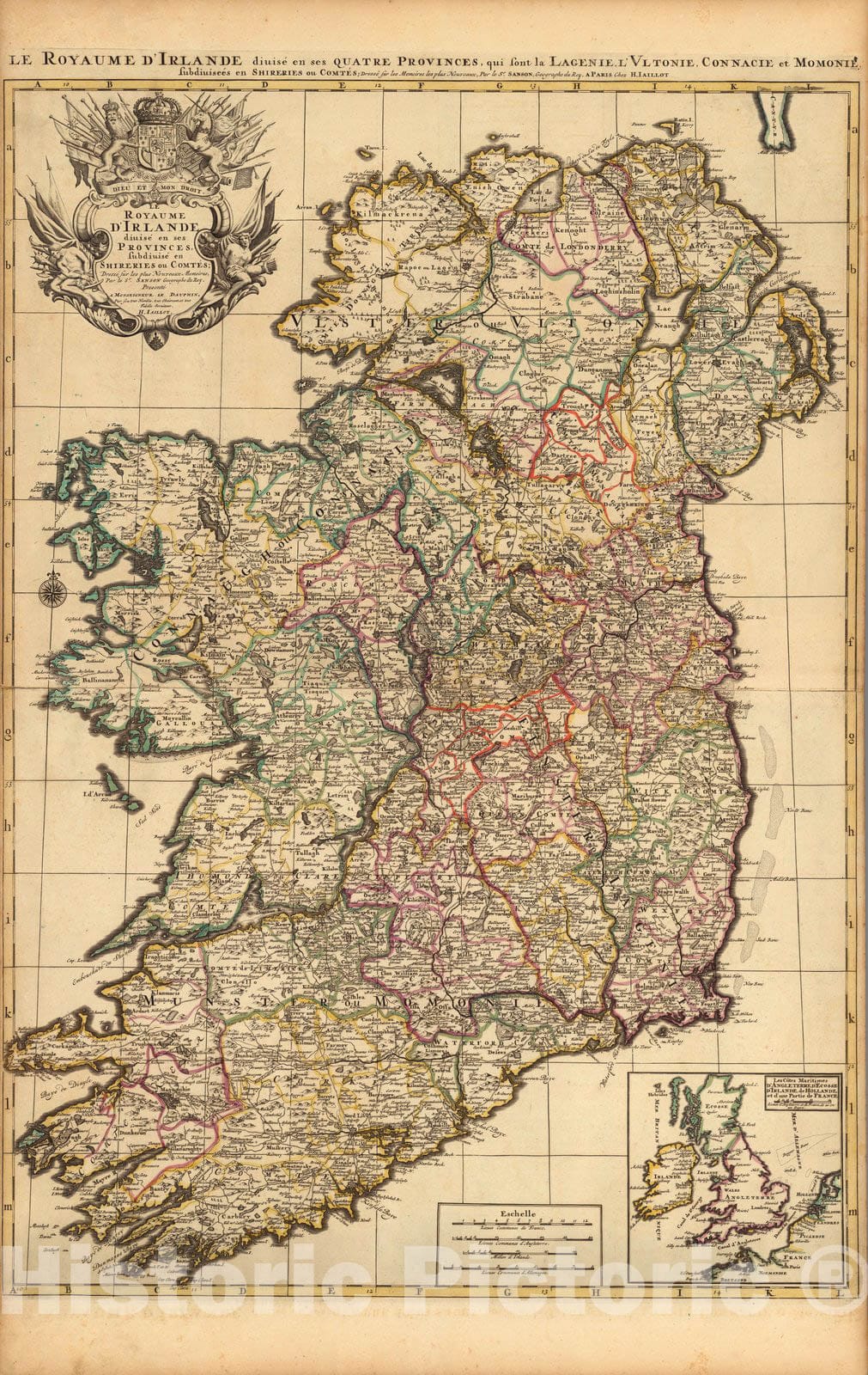 Historic Map : Ireland,Royaume D'Irlande. 1708 , Vintage Wall Art