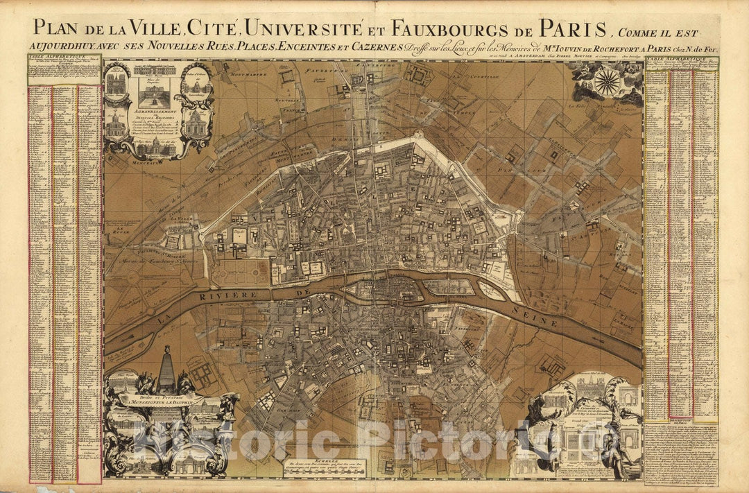 Historic Map : Paris , France,Plan de la Ville Cite Universite et Fauxbourgs de Paris. 1708 , Vintage Wall Art