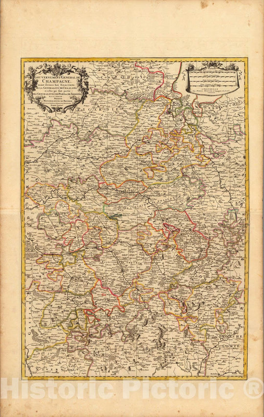 Historic Map : Champagne , FranceGouvernement General de Champagne. 1708 , Vintage Wall Art