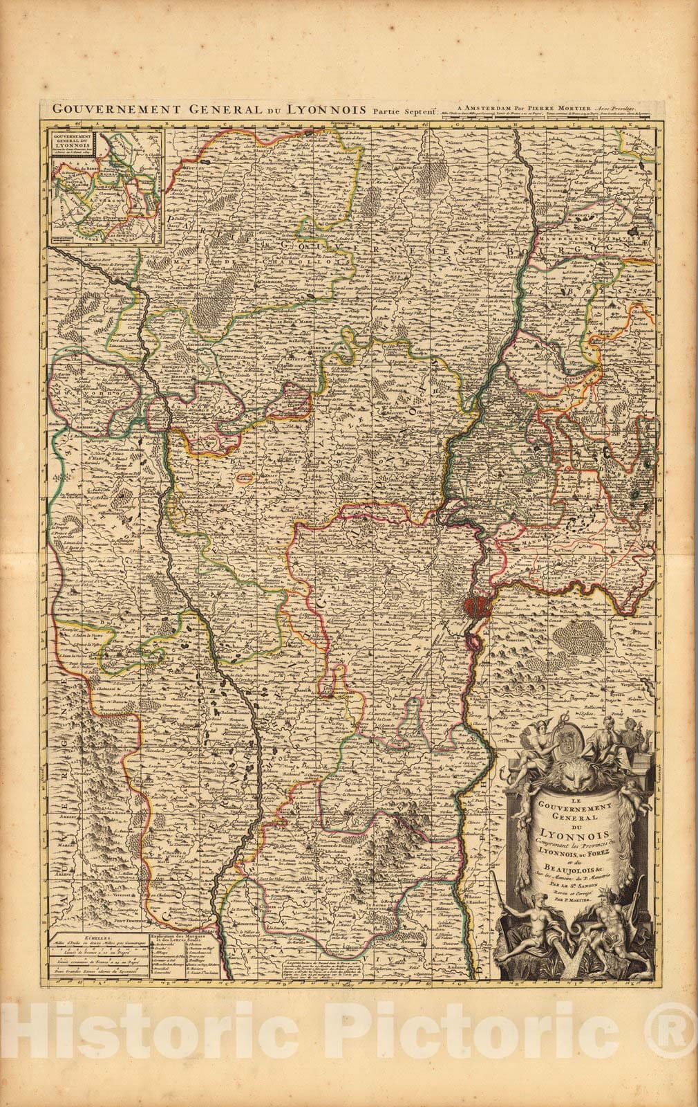 Historic Map : Auvergne , FranceLe Gouvernement General du Lyonnois. 1708 , Vintage Wall Art