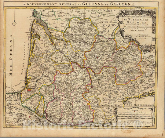 Historic Map : Guyenne , FranceLe Gouvernement General de Guienne et Gascogne. 1708 , Vintage Wall Art