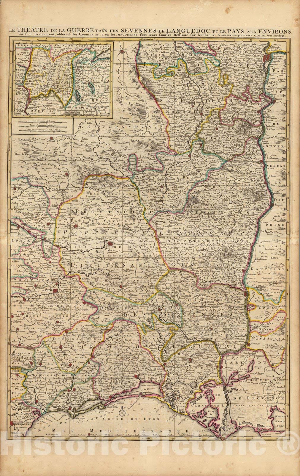 Historic Map : Cevennes , FranceLa Theatre de la Guerre dans les Sevennes, le Languedoc, et le Pays. 1708 , Vintage Wall Art