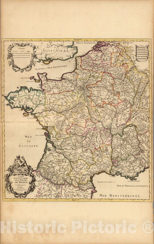 Historic Map : France,Carte Particuliere des Postes de France. 1708 , Vintage Wall Art