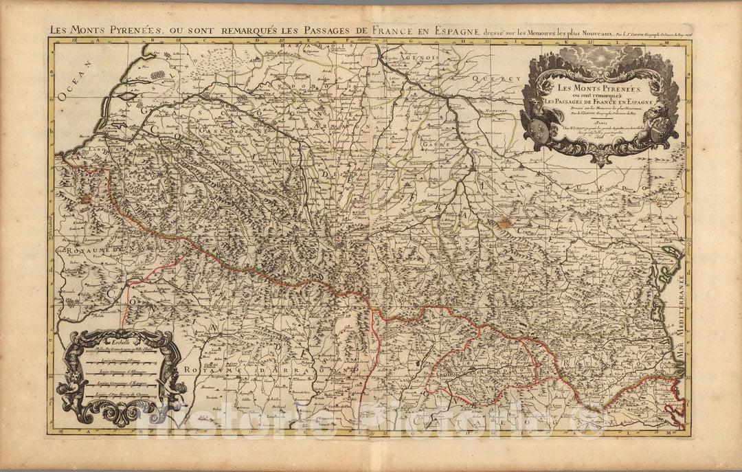 Historic Map : Pyrenees (France, Spain)Les Monts Pyrenees. 1708 , Vintage Wall Art