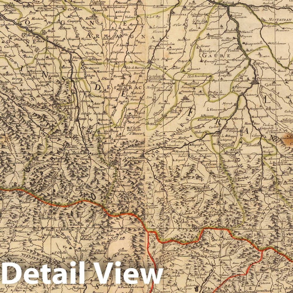 Historic Map : Pyrenees (France, Spain)Les Monts Pyrenees. 1708 , Vintage Wall Art